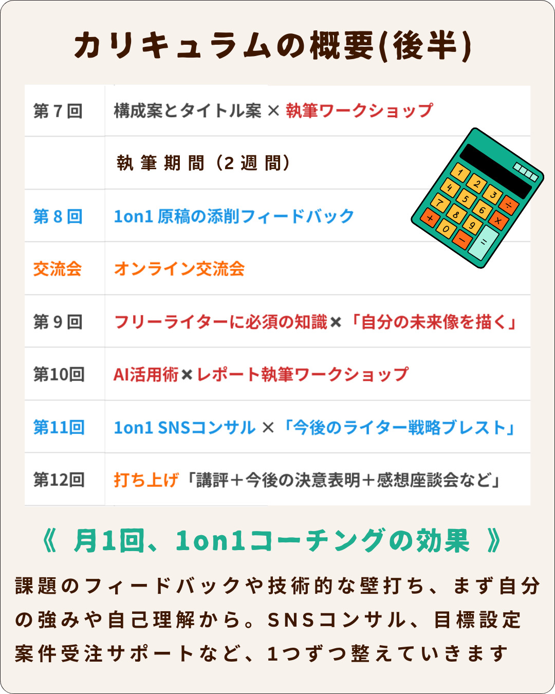 カリキュラムの概要（後半）沖縄ライター・編集者チーム✖️編集プロダクション「OKINAWA GRIT」企画・運営・主催。一歩踏み出そう、叶えたい未来へ。インタビュー・取材ライター講座「ライターヴィレッジ」4ヶ月コース（全12回／オンライン開催）オキグリ 代表 みやねえが講師を担当