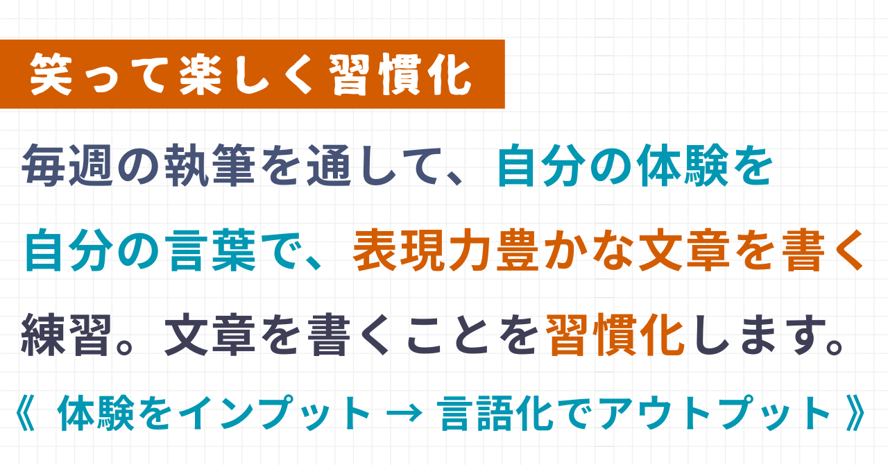 インタビュー・取材ライター講座「ライタービレッジ」4ヶ月コース。毎週、執筆の課題があります。笑って楽しく習慣化。  毎週の執筆を通して、自分の体験を自分の言葉で、表現力豊かな文章を書く練習。文章を書くことを習慣化します。体験をインプット → 言語化でアウトプット。